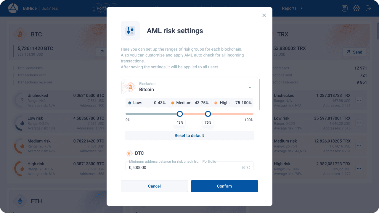 Setting the risk range and limit for AML check from Portfolio for the Bitcoin blockchain.