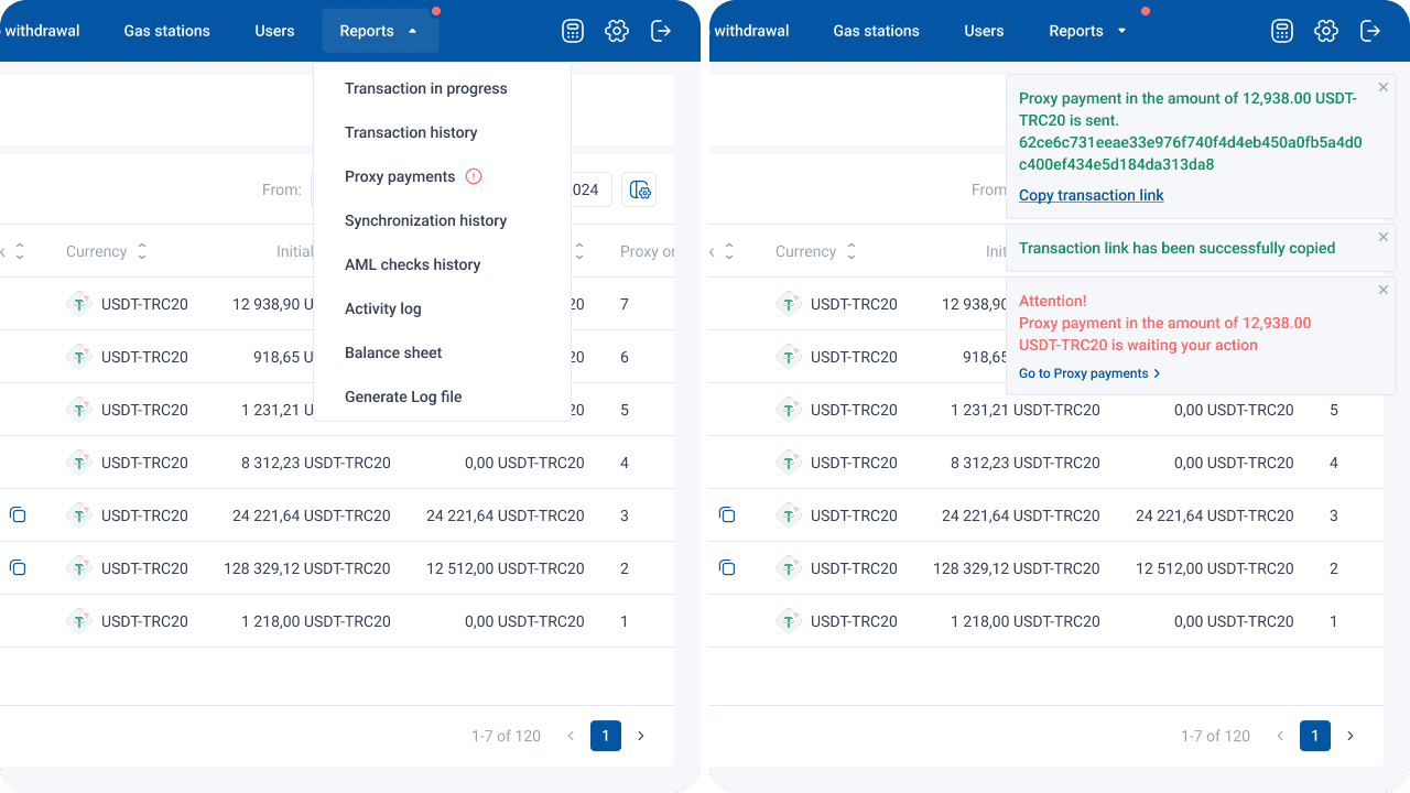 Marker on “Reports” and “Proxy Payments.” Notifications of final transaction and Action required.