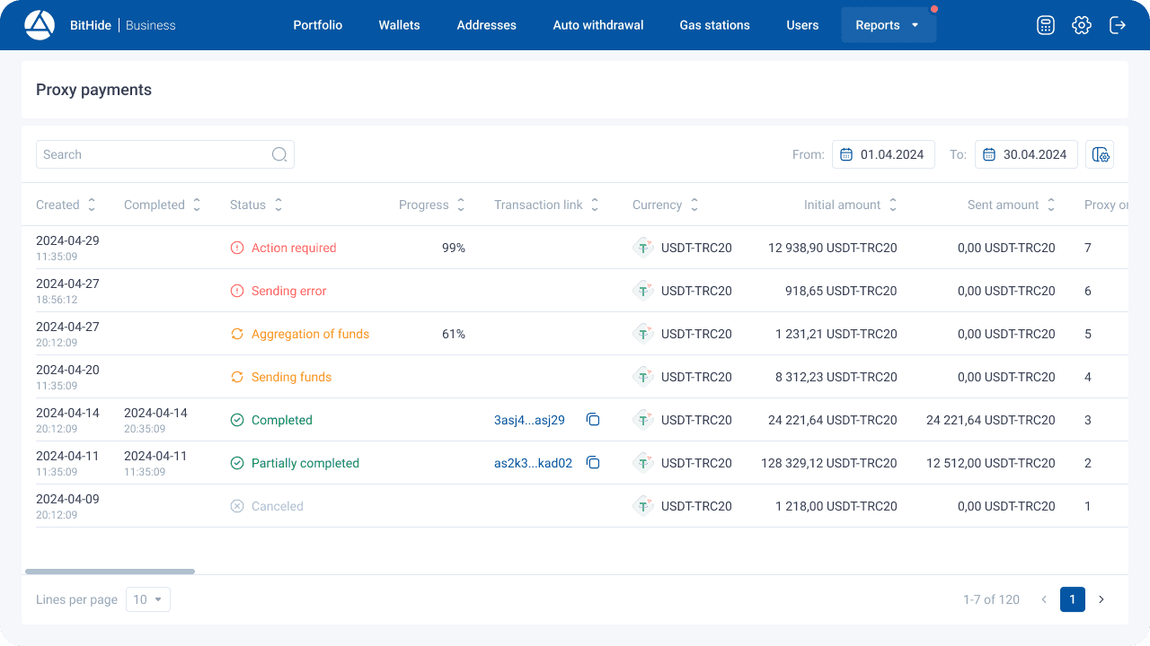 Сторінка Proxy Платежі. Показано платежі в різних статусах.