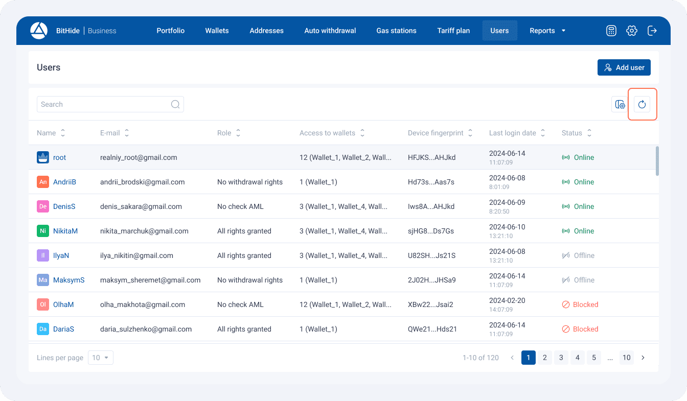 Page with the new button to refresh data from tables.