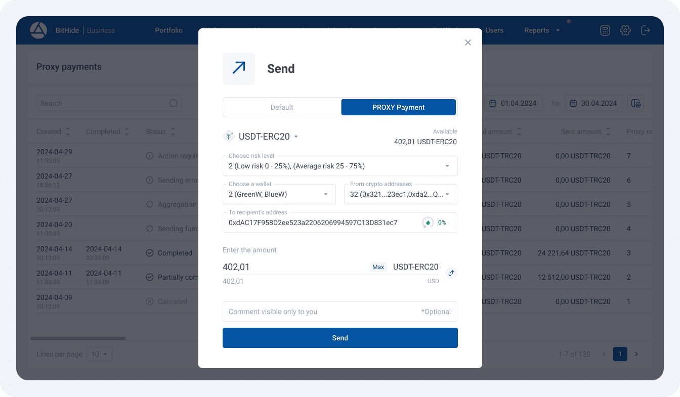 Modal window with USDT-ERC20 support.