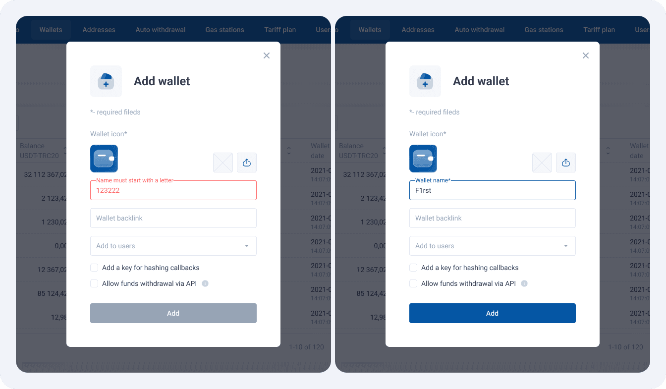 Modal window when creating a new wallet with the result of name verification.